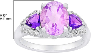 .925 Sterling Silver, Oval & Trillion Cut Purple Amethyst & White Topaz Three Stone Anniversary or Engagement Ring