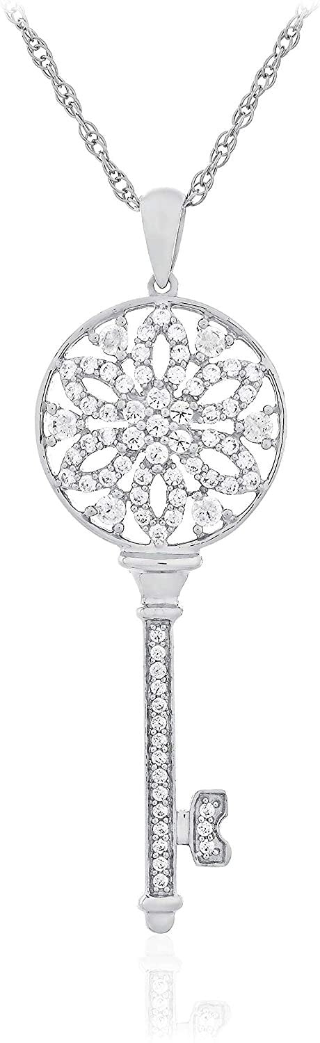 .925 Sterling Silver & White Cubic Zirconia Snowflake or Mandala Round Skeleton Key Pendant Necklace with Rope Chain - 20"