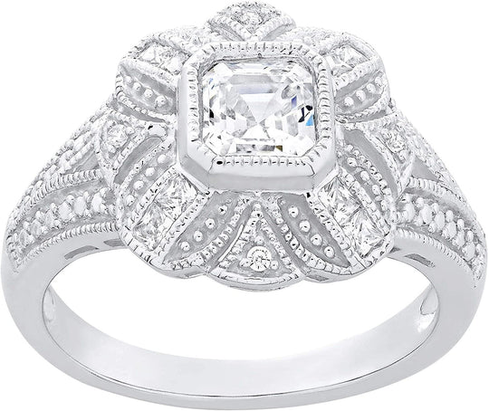 .925 Sterling Silver & Asscher, Princess, and Round-Brilliant Cut White Cubic Zirconia Milgrain Studded Vintage Style Flower Statement Ring