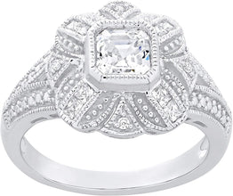 .925 Sterling Silver & Asscher, Princess, and Round-Brilliant Cut White Cubic Zirconia Milgrain Studded Vintage Style Flower Statement Ring