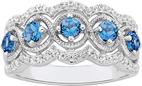 .925 Sterling Silver Natural London Blue Topaz & Lab Created White Sapphire Anniversary Band Ring