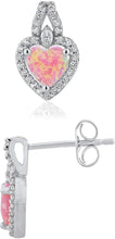 .925 Sterling Silver Heart Shape Lab Created Pink Opal Stud Earrings with Lab Created White Sapphires