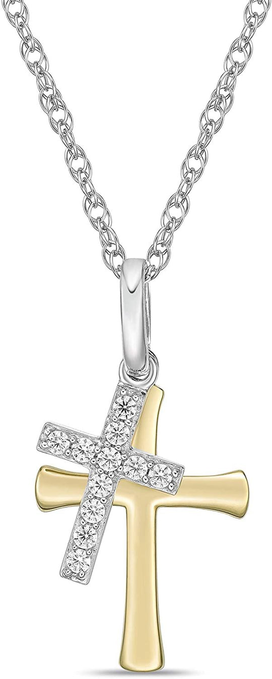 10K Yellow Gold & .925 Sterling Silver White Cubic Zirconia Two Cross Charm Dangling Pendant Necklace with Rope Chain - 20”