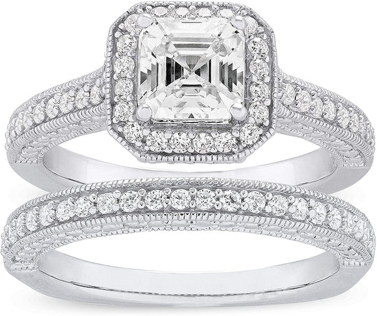 .925 Sterling Silver & Asscher Cut Cubic Zirconia with Halo Cathedral Style Engagement Ring and Half Eternity Style Wedding Band Bridal Set