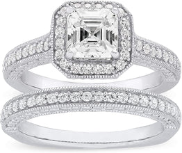 .925 Sterling Silver & Asscher Cut Cubic Zirconia with Halo Cathedral Style Engagement Ring and Half Eternity Style Wedding Band Bridal Set