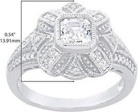 .925 Sterling Silver & Asscher, Princess, and Round-Brilliant Cut White Cubic Zirconia Milgrain Studded Vintage Style Flower Statement Ring