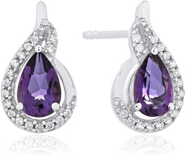 .925 Sterling Silver Pear-Shaped Birthstone & Lab Grown White Sapphire or CZ Teardrop Stud Earrings - Choice of Gem Color/Month