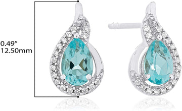.925 Sterling Silver Pear-Shaped Birthstone & Lab Grown White Sapphire or CZ Teardrop Stud Earrings - Choice of Gem Color/Month