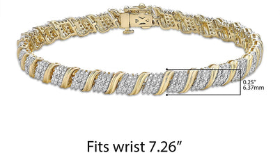 Two Tone 14K Yellow Gold Plated .925 Sterling Silver 1/10 Cttw Diamond Accented S Swoosh Links Tennis Bracelet (I-J Color, I2-I3 Clarity) - 7-1/4
