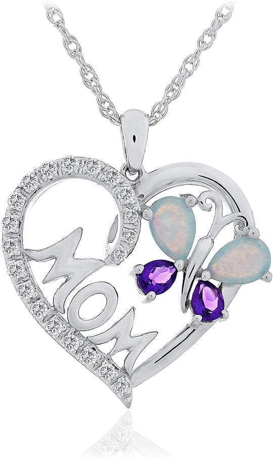 .925 Sterling Silver Amethyst & Created Opal Heart Shape 'Mom' Butterfly Pendant Necklace with Cubic Zirconias on 18" Rope Chain