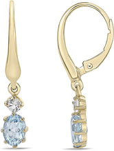 14K Yellow Gold Plated .925 Sterling Silver Oval Cut Birthstone & Created White Sapphire Leverback Dangle Earrings - Choice of Birthstone/Month