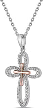 Two Tone 14K Rose Gold Plated .925 Sterling Silver 1/5 Cttw Diamond Flared Rounded Petal Cross Pendant Necklace - 20” (I-J Color, I2-I3 Clarity)