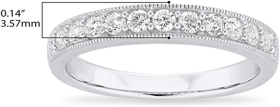 .925 Sterling Silver & Round Cubic Zirconia Half Eternity Milgrain Beaded Stackable Wedding Band Ring