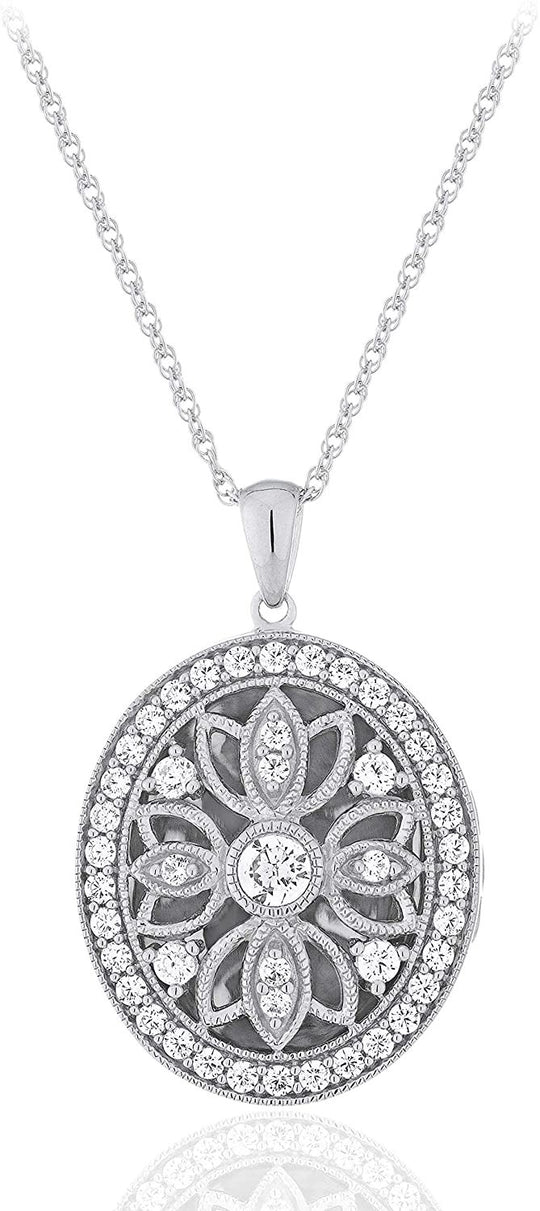 .925 Sterling Silver Cubic Zirconia Oval Filigree Locket Pendant Necklace with 18" Rope Chain