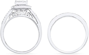 .925 Sterling Silver 1/2 Cttw Diamond Square Cluster Halo Milgrain Engagement Ring & Wedding Band Bridal Set (H-I Color, I1-I2 Clarity)