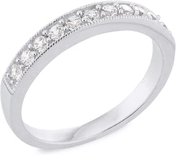 .925 Sterling Silver & Round Cubic Zirconia Half Eternity Milgrain Beaded Stackable Wedding Band Ring