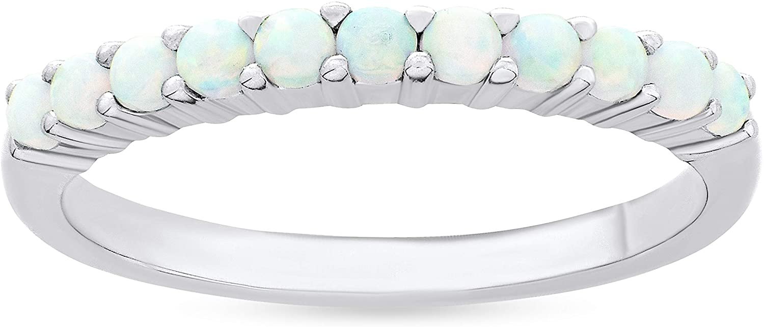 .925 Sterling Silver & Lab Created White Opal Cabochon 11 Stone Shared Prong Opal Band-Style Statement Ring
