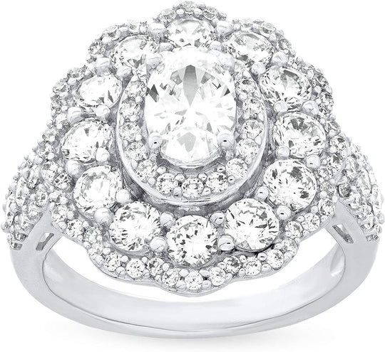 .925 Sterling Silver & Oval Cut White Cubic Zirconia Halo 3/4" Oval Flower Vintage Style Statement Ring