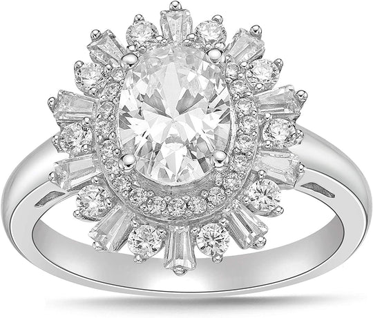 .925 Sterling Silver & Round, Baguette, and Oval Shape Cubic Zirconia Double Halo Snowflake Teardrop Statement Ring