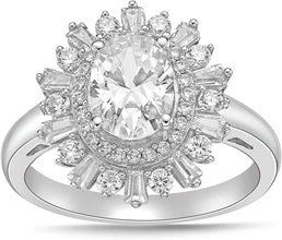 .925 Sterling Silver & Round, Baguette, and Oval Shape Cubic Zirconia Double Halo Snowflake Teardrop Statement Ring