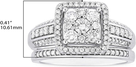 10K White Gold 3/4 Cttw Diamond Cluster Square Halo 3 Row Shank Engagement Ring & Wedding Band Bridal Set (H-I Color, I1-I2 Clarity)