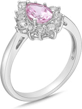 .925 Sterling Silver, Pear Cut Lab-Grown Gemstone & Round Lab-Grown White Sapphire Halo Teardrop Engagement Ring - Choice of Gem Color