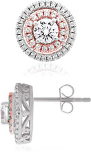 14K Rose Gold Plated .925 Sterling Silver Two Toned Cubic Zirconia Double Halo Round Pushback Stud Earrings