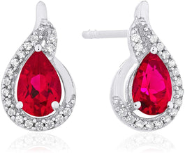 .925 Sterling Silver Pear-Shaped Birthstone & Lab Grown White Sapphire or CZ Teardrop Stud Earrings - Choice of Gem Color/Month