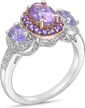Two Tone 10K Rose Gold & .925 Sterling Silver, Oval Cut Rose de France, Amethyst, and White Topaz Three Stone Halo Anniversary or Engagement Ring