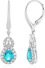 Sterling Silver Teardrop Birthstone & Lab Grown White Sapphire or CZ Art Deco Drop Hinged Latch Back Dangle Earrings - Choice of Gem Color/Month