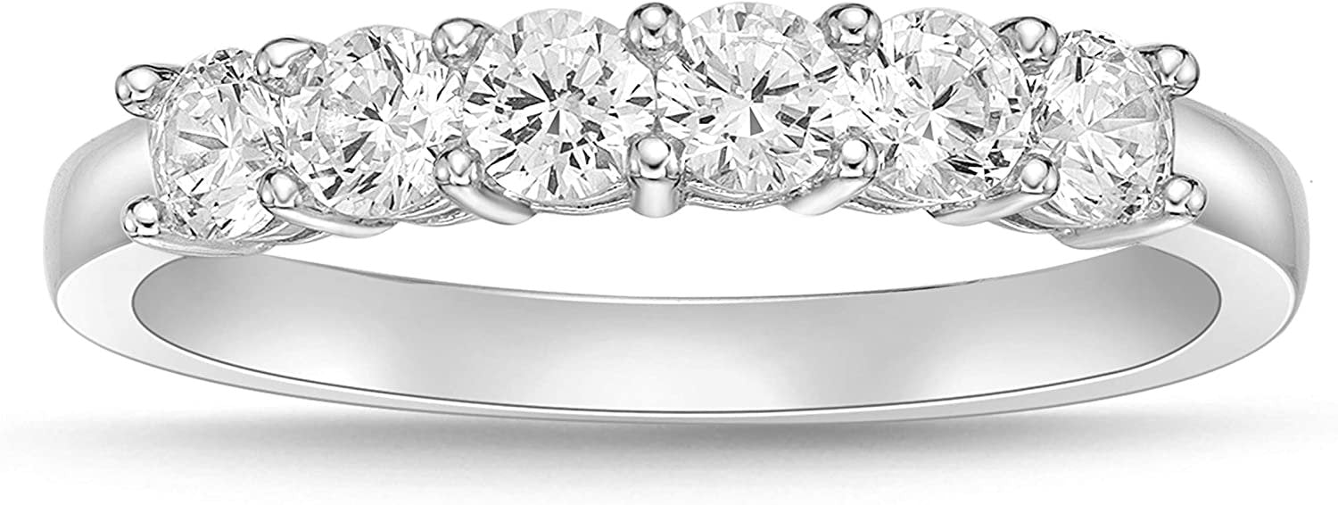 .925 Sterling Silver & Round Brilliant Cut White Cubic Zirconia Six Stone Prong Set Band Anniversary or Engagement Ring
