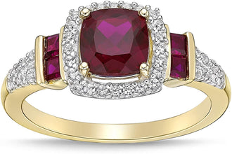 10K Yellow Gold, Cushion and Princess Cut Lab Created Gemstone & Lab Created White Sapphire Halo Fluted Engagement Ring - Choice of Color