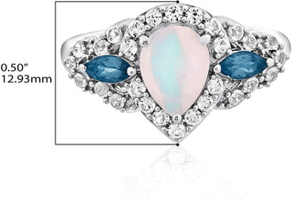 .925 Sterling Silver Pear Shape Lab Grown Opal, Marquise Blue Topaz, & Round Lab Grown White Sapphire Three Stone Ring