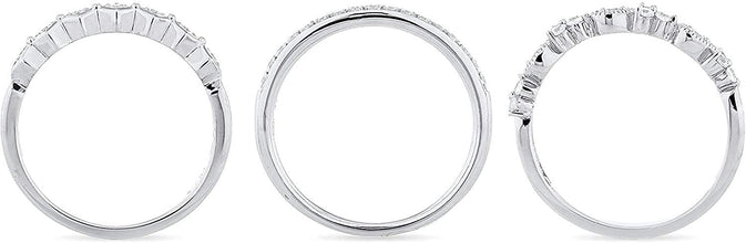 .925 Sterling Silver Round Cubic Zirconia Half-Eternity, Milgrain Pear and Geometric Square Stacking Bands - 3-Ring Set