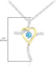 Two Tone 14K Yellow Gold Plated .925 Sterling Silver, Dangling Gemstone & Lab Grown White Sapphire Heart Cross Pendant Necklace 20” - Choice of Color