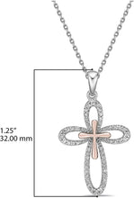 Two Tone 14K Rose Gold Plated .925 Sterling Silver 1/5 Cttw Diamond Flared Rounded Petal Cross Pendant Necklace - 20” (I-J Color, I2-I3 Clarity)