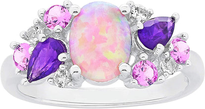 .925 Sterling Silver Oval Cabochon Lab Created Pink Opal Fashion Ring with Natural Amethyst and Created Pink Sapphire Side Stones