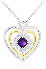 14K Yellow Gold Plated .925 Sterling Silver, Cushion Cut Gemstone & Lab Grown White Sapphire Three Heart Halo Pendant Necklace - 20” - Choice of Color