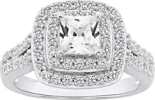 .925 Sterling Silver Cushion Cut Cubic Zirconia Split Shank Double Halo Engagement Ring