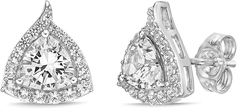 .925 Sterling Silver Trillion Cut Birthstone & Created White Sapphire Halo Stud Earrings - Choice of Birthstone/Month