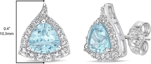.925 Sterling Silver Trillion Cut Birthstone & Created White Sapphire Halo Stud Earrings - Choice of Birthstone/Month
