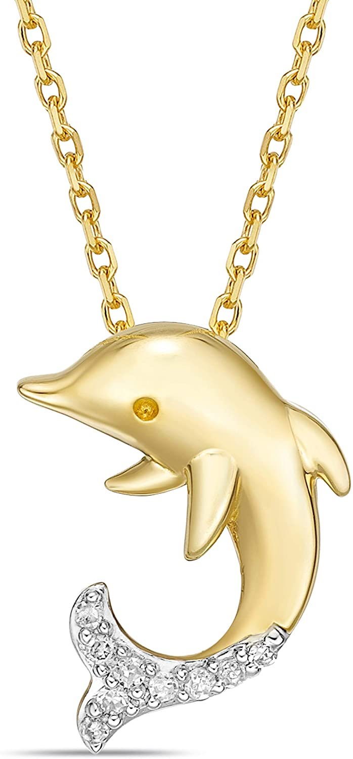 10K Yellow Gold & Diamond Accented Leaping Dolphin Pendant Necklace with Cable Chain - 20” (H-I Color, I1-I2 Clarity)