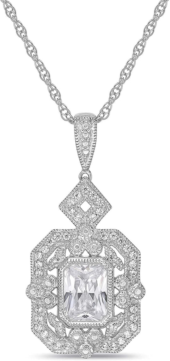 .925 Sterling Silver & Emerald Cut White Cubic Zirconia Milgrain Bezels Vintage Reproduction Geometric Pendant Necklace - 20”