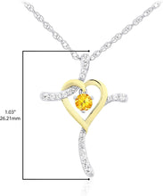 Two Tone 14K Yellow Gold Plated .925 Sterling Silver, Dangling Gemstone & Lab Grown White Sapphire Heart Cross Pendant Necklace 20” - Choice of Color
