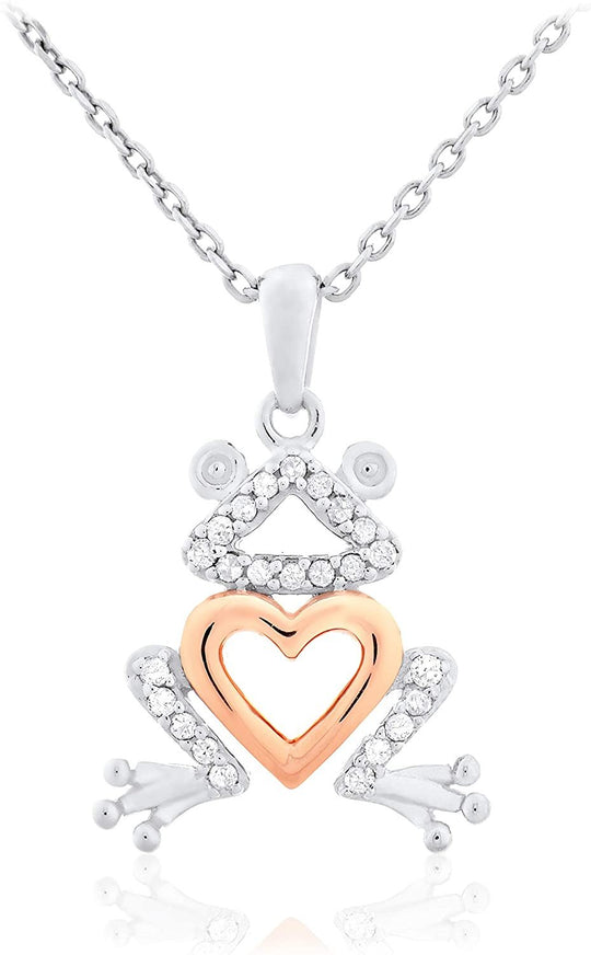 Two Tone 14K Rose Gold Plated .925 Sterling Silver 1/10 Cttw Diamond Frog with Heart Pendant Necklace with Cable Chain- 20” (I-J Color, I2-I3 Clarity)