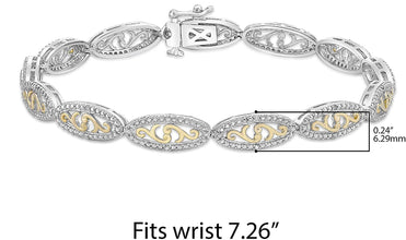 Two Tone 14K Yellow Gold Plated .925 Sterling Silver 1/10 Cttw Diamond Almond Shaped Link Filigree Tennis Bracelet (I-J Color, I2-I3 Clarity)- 7-1/4