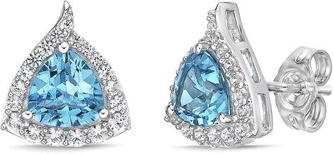 .925 Sterling Silver Trillion Cut Birthstone & Created White Sapphire Halo Stud Earrings - Choice of Birthstone/Month