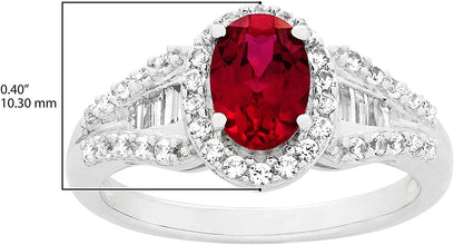 .925 Sterling Silver, Lab-Grown Oval Gemstone & Round + Baguette Cut Lab-Grown White Sapphire Halo Flared Band Engagement Ring - Choice of Gem Color