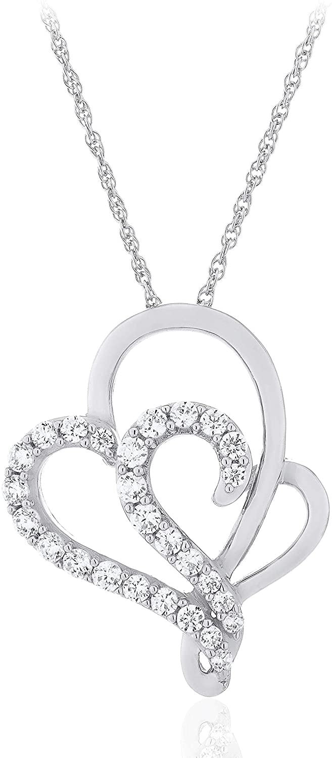 .925 Sterling Silver Cubic Zirconia Intertwined Double Heart Pendant Necklace with 18" Rope Chain