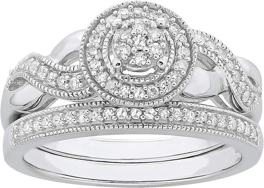 .925 Sterling Silver 1/4 Cttw Diamond Cluster Halo Milgrain Eternity Twist Engagement Ring & Wedding Band Bridal Set (H-I Color, I1-I2 Clarity)